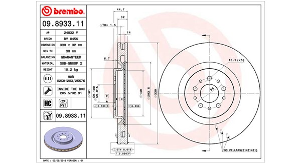 MAGNETI MARELLI Bremseskive 360406000701 Indvendig ventileret- ventilering med dråbeformede blade 330mm 32mm for ALFA ROMEO