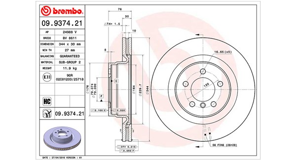 MAGNETI MARELLI Bremseskive 360406055901 ventileret 344mm 30mm for LAND ROVER