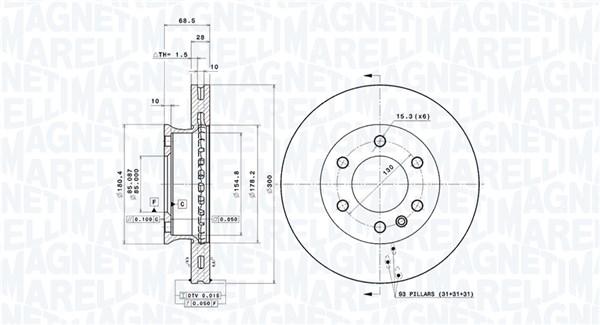 MAGNETI MARELLI Bremseskive 360406057101 Indvendig ventileret- ventilering med dråbeformede blade 300mm 28mm for DODGE MERCEDES-BENZ VW