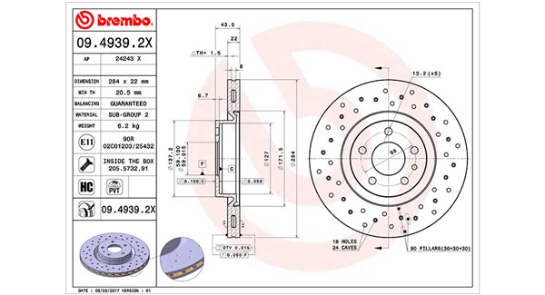 MAGNETI MARELLI Bremseskive 360406000302 perforeret 284mm 22mm for OPEL FIAT ALFA ROMEO VAUXHALL