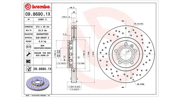 MAGNETI MARELLI Bremseskive 360406001602 perforeret 312mm 25mm for VW AUDI VW (SVW) AUDI (FAW)