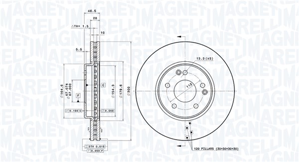 MAGNETI MARELLI Bremseskive 360406006801 Indvendig ventileret- ventilering med dråbeformede blade 300mm 28mm for MERCEDES-BENZ