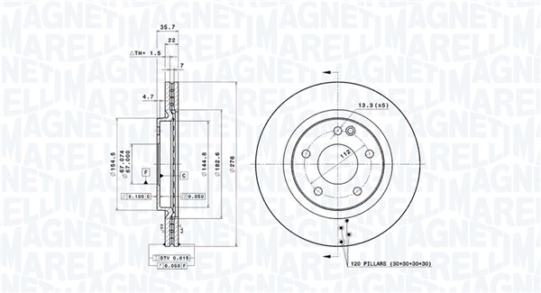 MAGNETI MARELLI Bremseskive 360406007001 Indvendig ventileret- ventilering med dråbeformede blade 276mm 22mm for MERCEDES-BENZ