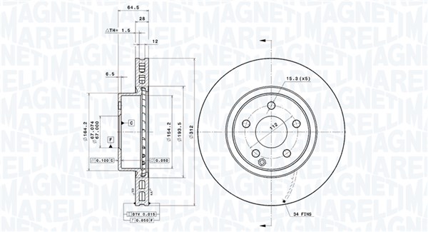 MAGNETI MARELLI Bremseskive 360406008001 ventileret 312mm 28mm for MERCEDES-BENZ