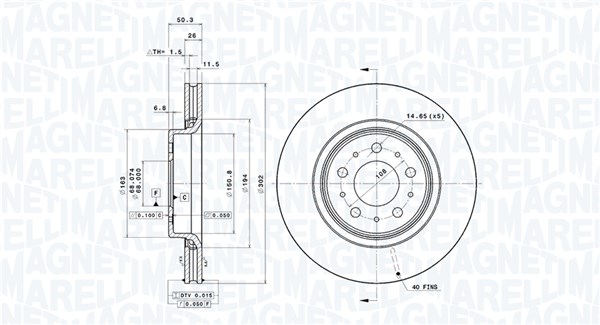 MAGNETI MARELLI Bremseskive 360406009601 ventileret 302mm 26mm for VOLVO