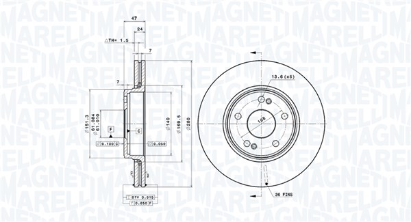 MAGNETI MARELLI Bremseskive 360406008601 280mm 24mm for RENAULT
