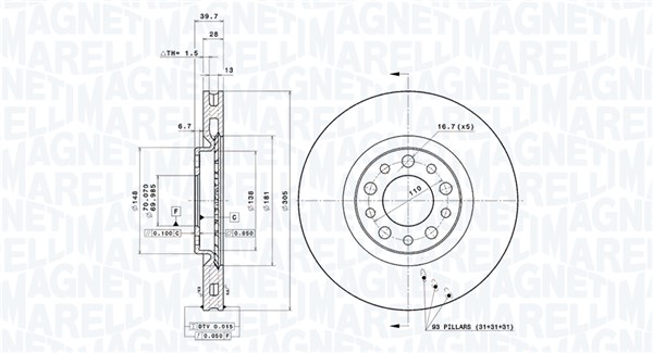MAGNETI MARELLI Bremseskive 360406011101 305mm 28mm for ALFA ROMEO