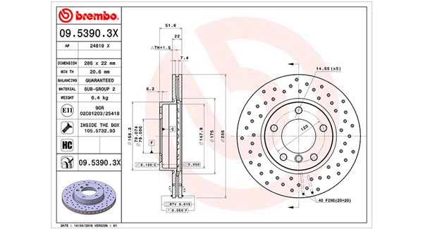 MAGNETI MARELLI Bremseskive 360406016002 perforeret 286mm 22mm for BMW