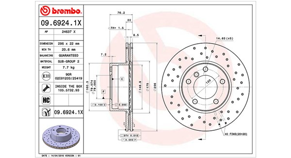 MAGNETI MARELLI Bremseskive 360406016302 perforeret 296mm 22mm for BMW
