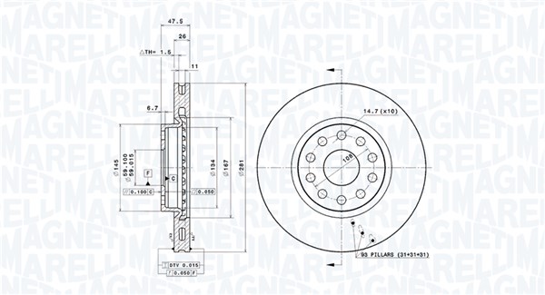 MAGNETI MARELLI Bremseskive 360406029201 281mm 26mm for ALFA ROMEO