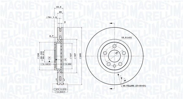 MAGNETI MARELLI Bremseskive 360406029601 285mm 28mm for LANCIA PEUGEOT CITROËN