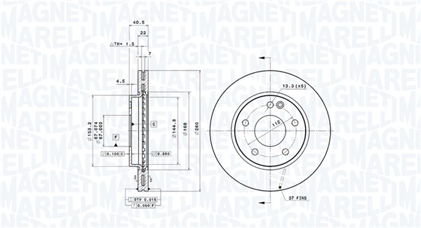 MAGNETI MARELLI Bremseskive 360406032701 ventileret 260mm 22mm for MERCEDES-BENZ