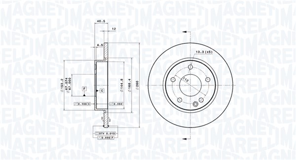 MAGNETI MARELLI Bremseskive 360406032601 fuld 260mm 12mm for MERCEDES-BENZ