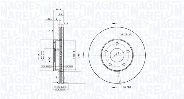 MAGNETI MARELLI Bremseskive 360406036801 ventileret 280mm 28mm for NISSAN
