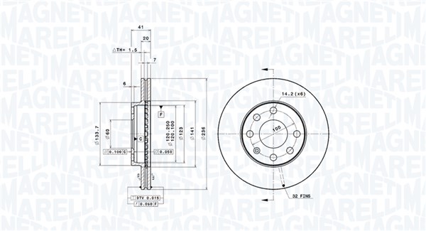 MAGNETI MARELLI Bremseskive 360406037301 236mm 20mm for PONTIAC DAEWOO