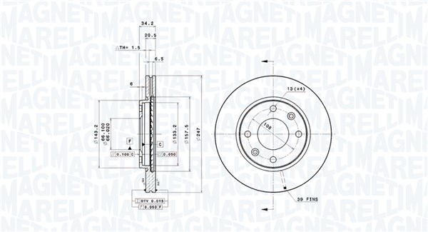 MAGNETI MARELLI Bremseskive 360406040501 ventileret 247mm 20mm for PEUGEOT
