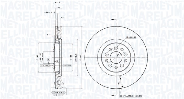 MAGNETI MARELLI Bremseskive 360406041201 Indvendig ventileret- ventilering med dråbeformede blade 310mm 32mm for PEUGEOT CITROËN FIAT LANCIA