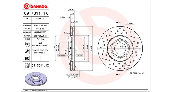 MAGNETI MARELLI Bremseskive 360406049402 perforeret 256mm 22mm for VW AUDI VW (FAW) SKODA (SVW)