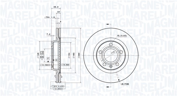 MAGNETI MARELLI Bremseskive 360406049901 ventileret 280mm 22mm for VW