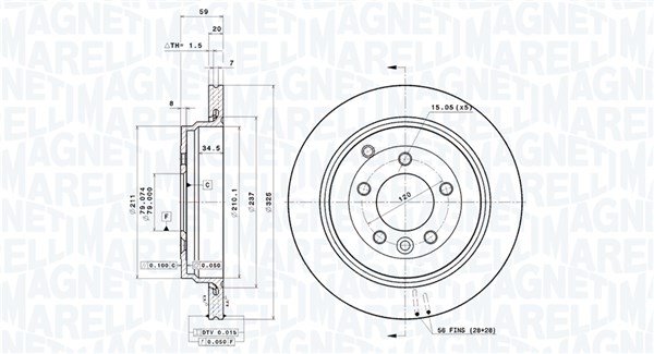 MAGNETI MARELLI Bremseskive 360406054801 ventileret 325mm 20mm for LAND ROVER