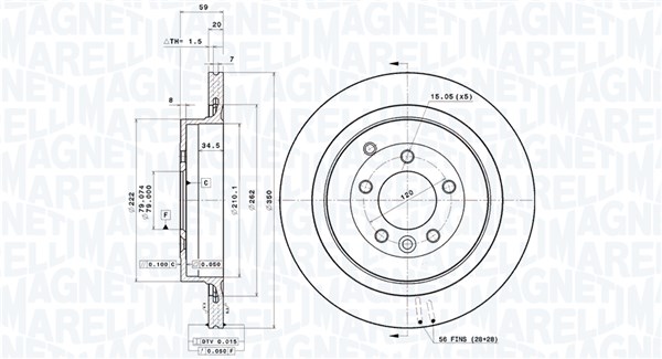 MAGNETI MARELLI Bremseskive 360406055001 ventileret 350mm 20mm for LAND ROVER