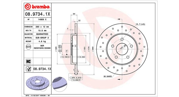 MAGNETI MARELLI Bremseskive 360406057902 perforeret 280mm 12mm for FORD JAGUAR