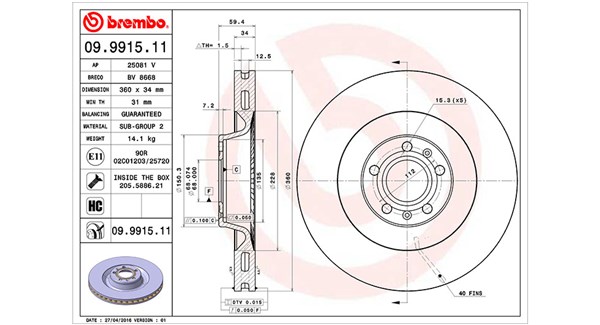 MAGNETI MARELLI Bremseskive 360406059501 ventileret 360mm 34mm for VW