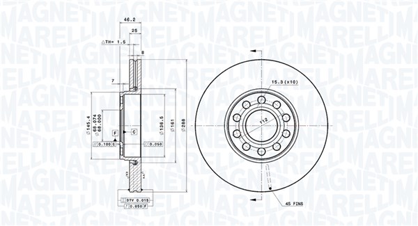 MAGNETI MARELLI Bremseskive 360406063901 ventileret 288mm 25mm for VW
