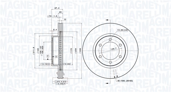 MAGNETI MARELLI Bremseskive 360406062801 ventileret 338mm 28mm for TOYOTA