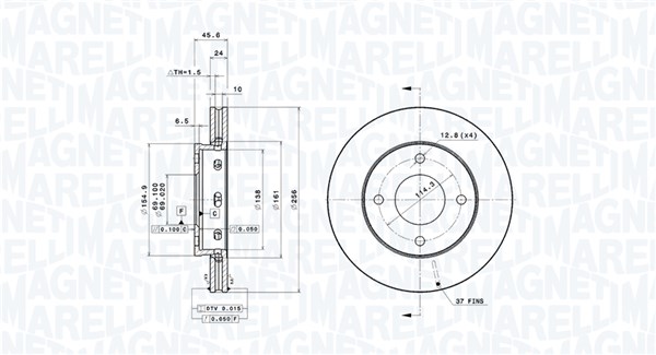 MAGNETI MARELLI Bremseskive 360406069001 256mm 24mm for MITSUBISHI SMART