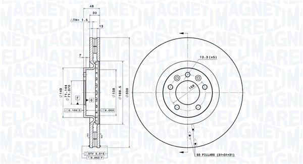 MAGNETI MARELLI Bremseskive 360406069501 Indvendig ventileret- ventilering med dråbeformede blade 330mm 30mm for CITROËN PEUGEOT