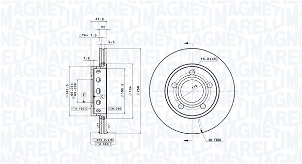 MAGNETI MARELLI Bremseskive 360406075401 ventileret 256mm 22mm for AUDI