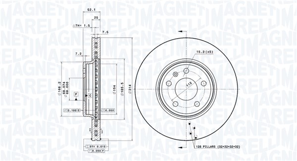 MAGNETI MARELLI Bremseskive 360406081401 Indvendig ventileret- ventilering med dråbeformede blade 314mm 25mm for AUDI AUDI (FAW)