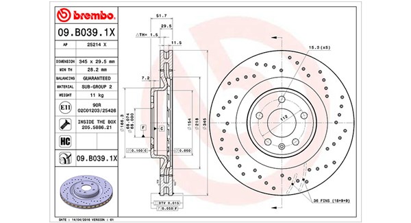 MAGNETI MARELLI Bremseskive 360406081602 perforeret 345mm 30mm for AUDI