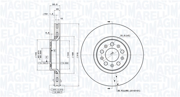 MAGNETI MARELLI Bremseskive 360406089401 Indvendig ventileret- ventilering med dråbeformede blade 316mm 28mm for VOLVO