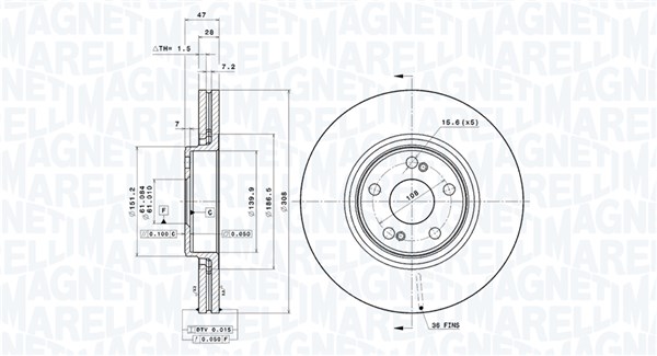 MAGNETI MARELLI Bremseskive 360406088901 308mm 28mm for RENAULT