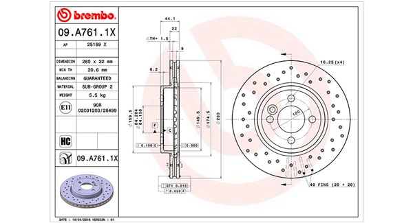 MAGNETI MARELLI Bremseskive 360406090702 perforeret 280mm 22mm for MINI