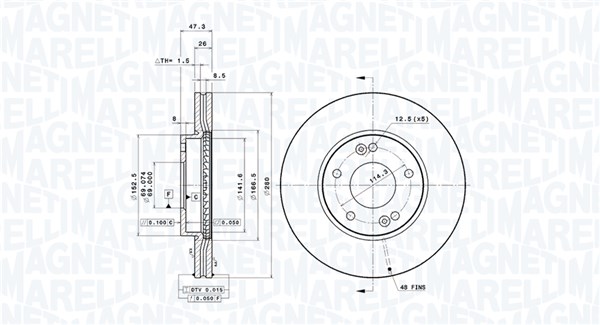 MAGNETI MARELLI Bremseskive 360406096501 ventileret 280mm 26mm for KIA