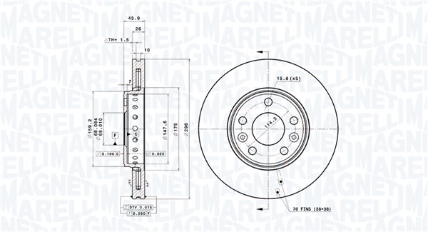 MAGNETI MARELLI Bremseskive 360406108301 ventileret 296mm 26mm for RENAULT