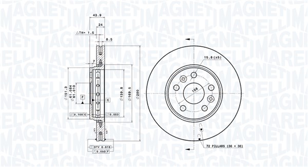 MAGNETI MARELLI Bremseskive 360406106901 Indvendig ventileret- ventilering med dråbeformede blade 280mm 24mm for MERCEDES-BENZ NISSAN RENAULT