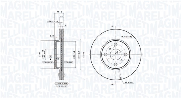 MAGNETI MARELLI Bremseskive 360406110801 255mm 22mm for TOYOTA TOYOTA (GAC) TOYOTA (FAW)