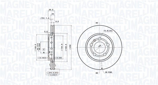 MAGNETI MARELLI Bremseskive 360406111401 ventileret 256mm 22mm for VW
