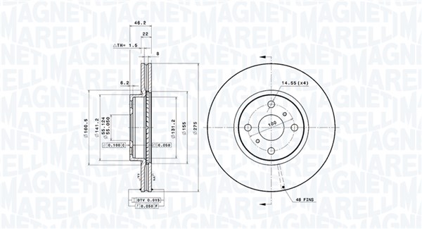 MAGNETI MARELLI Bremseskive 360406112301 ventileret 275mm 22mm for TOYOTA TOYOTA (GAC) TOYOTA (FAW)
