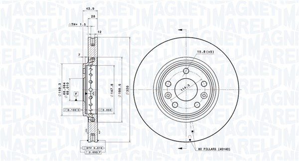 MAGNETI MARELLI Bremseskive 360406112101 Indvendig ventileret- ventilering med dråbeformede blade 320mm 28mm for RENAULT