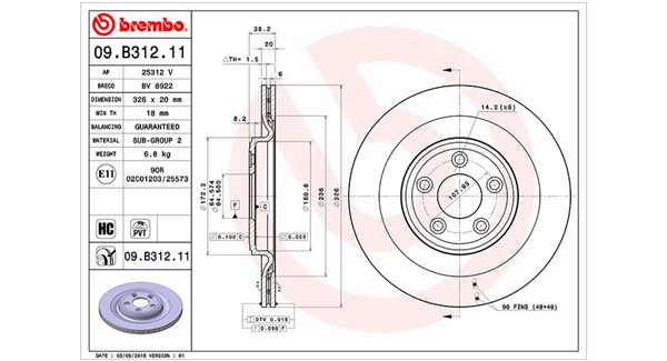 MAGNETI MARELLI Bremseskive 360406111601 Indvendig ventileret- ventilering med dråbeformede blade 326mm 20mm for JAGUAR