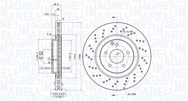 MAGNETI MARELLI Bremseskive 360406113001 perforeret 330mm 28mm for MERCEDES-BENZ