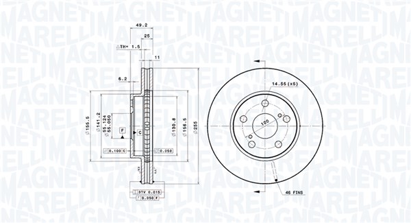 MAGNETI MARELLI Bremseskive 360406115501 ventileret 255mm 25mm for LEXUS