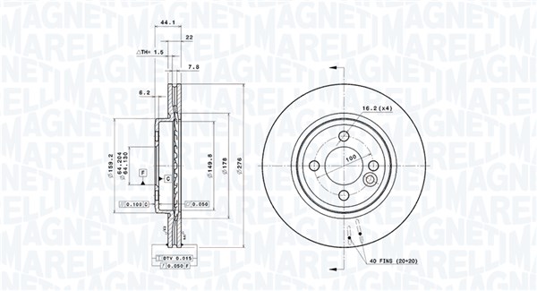 MAGNETI MARELLI Bremseskive 360406120301 ventileret 276mm 22mm for MINI