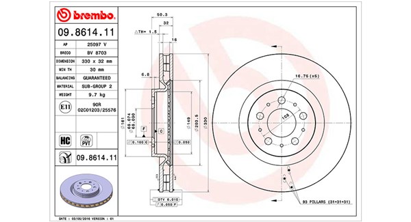 MAGNETI MARELLI Bremseskive 360406126601 Indvendig ventileret- ventilering med dråbeformede blade 330mm 32mm for VOLVO