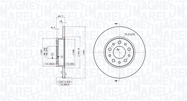 MAGNETI MARELLI Bremseskive 360406121301 fuld 251mm 10mm for FIAT